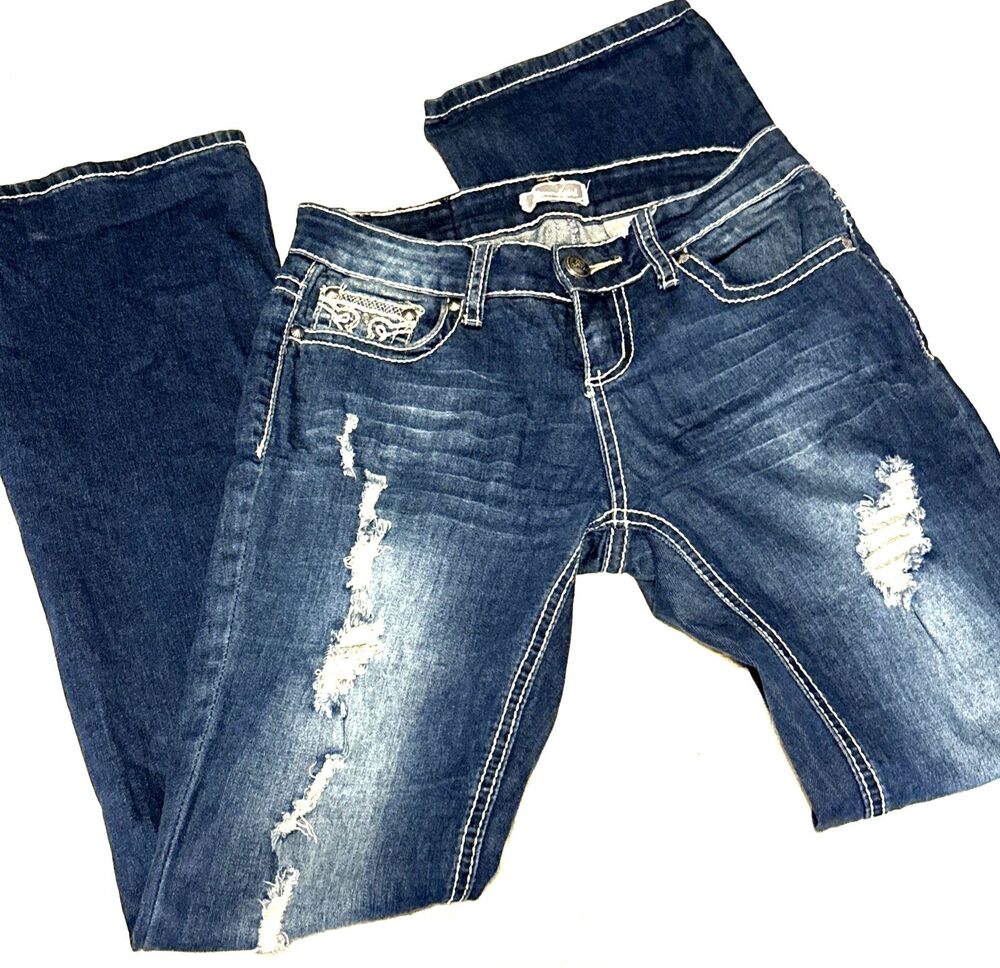 Soundgirl Women's Jeans Size 5 Blue Denim Studded Embellished Distressed Bootcut